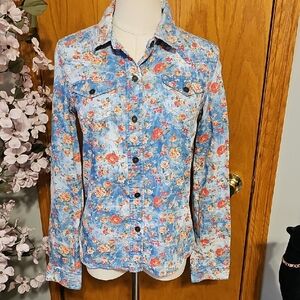 Anthropologie Denim Look Rose Print Button Down Top